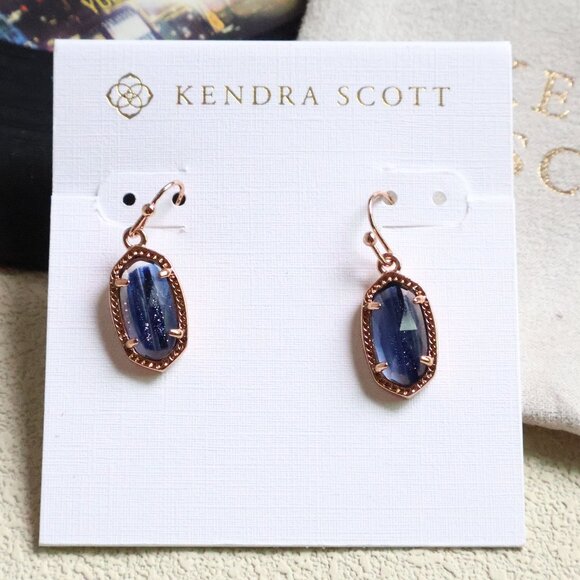 Kendra Scott Lee Rose Gold Earrings navy dusted glass NEW - Picture 1 of 2